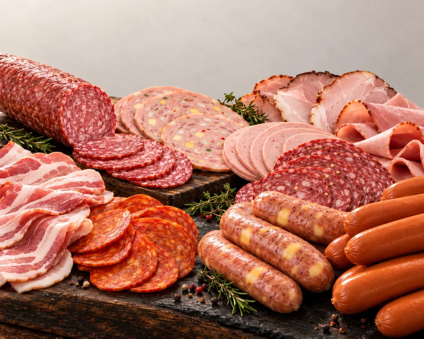 Rustic platter of sliced salami, ham, bacon and sausages